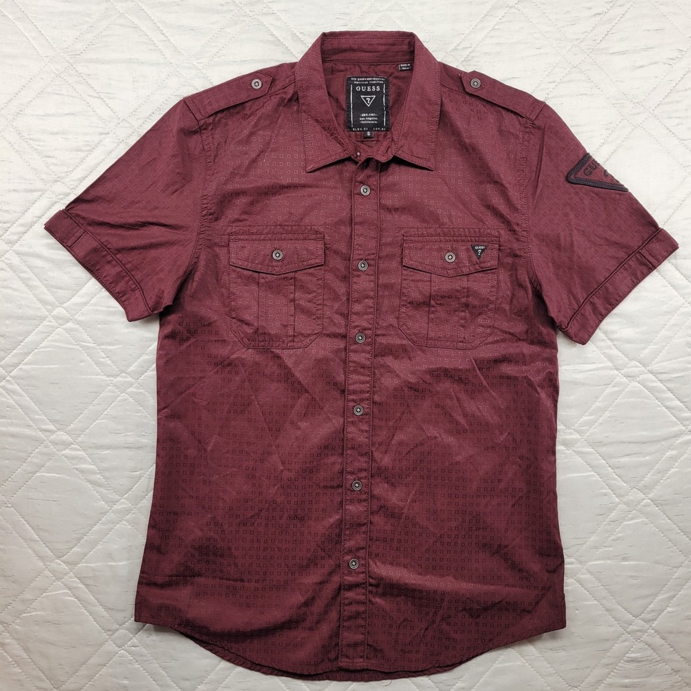 GUESS burgundy jacquard pattern 2 pocket‎ short sleeve dress shirt size S